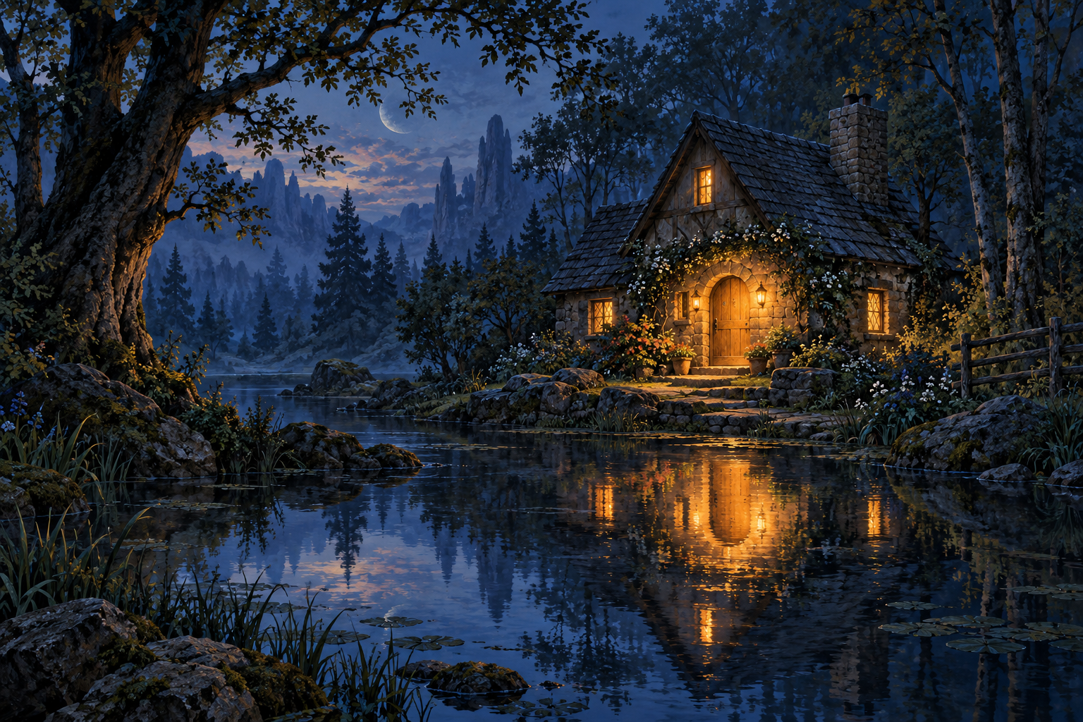 A warm cottage doorway reflected in still water in a twilight forest