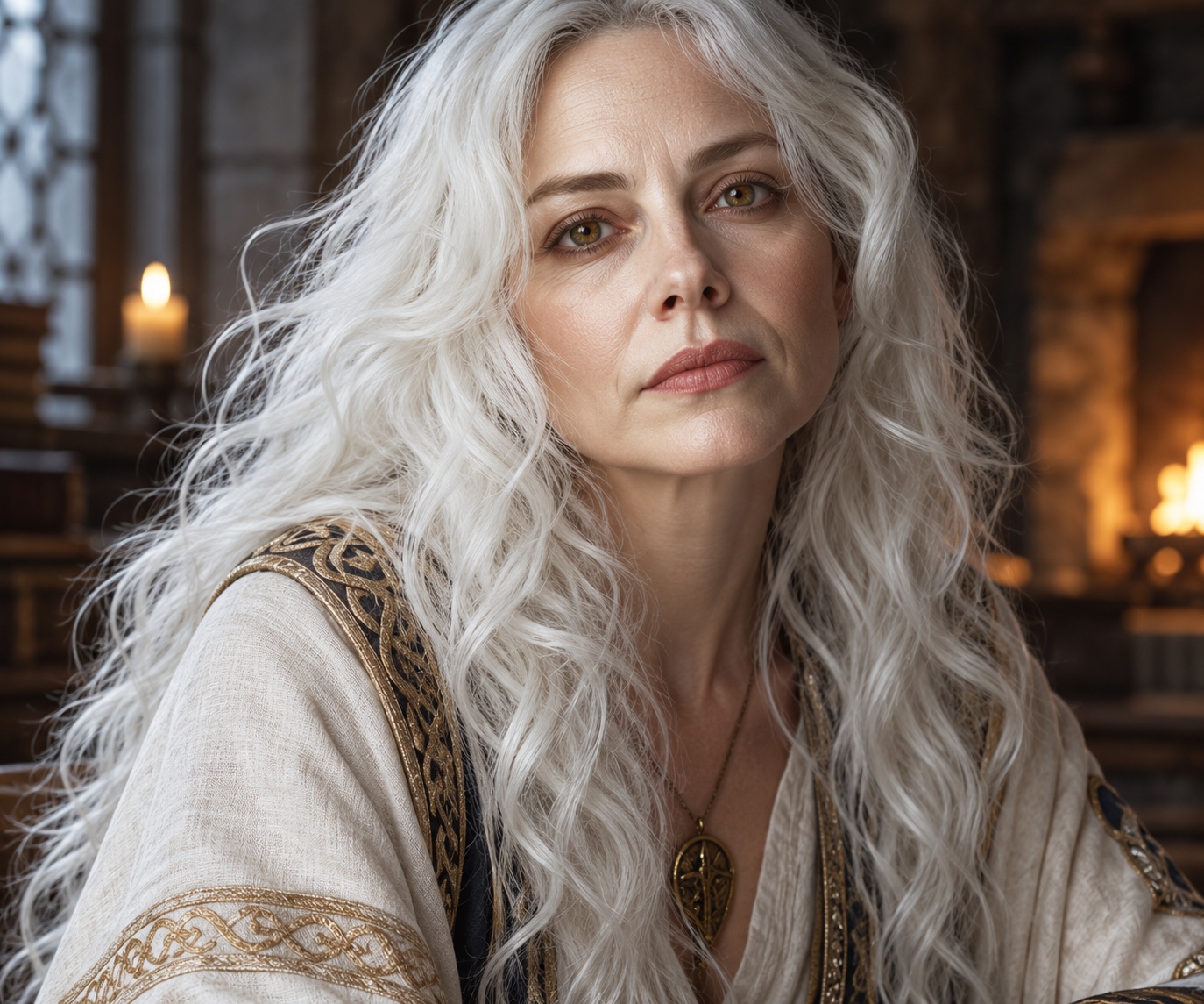 Eliana with white hair and hazel eyes, seated in a warm, candlelit room